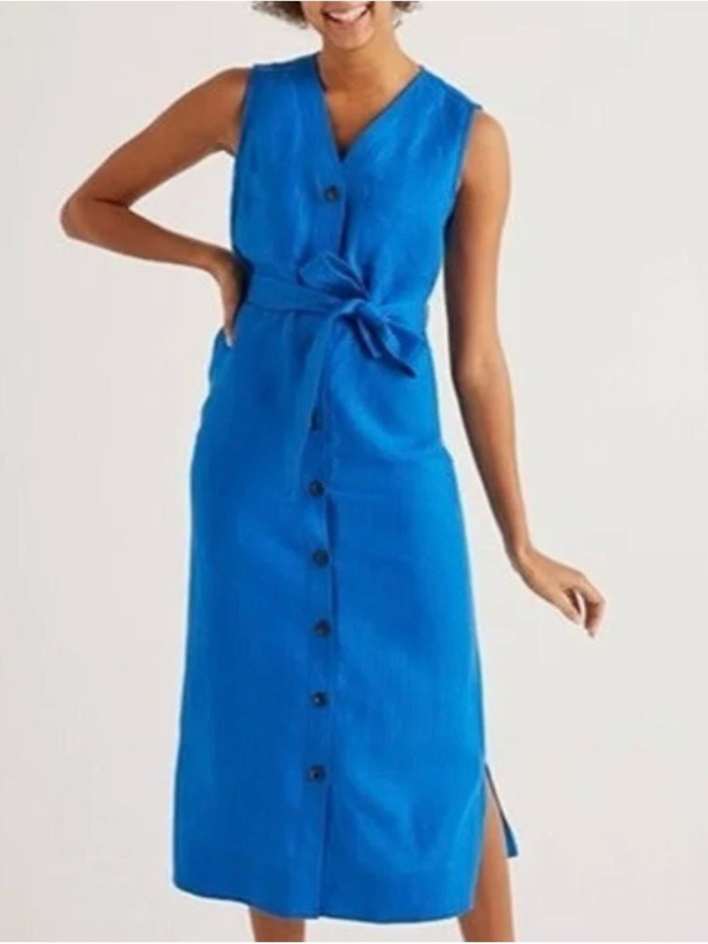 Boden Catriona Linen Dress - Sleeveless Blue Button-Front Belted Maxi Dress - Picture 2 of 6